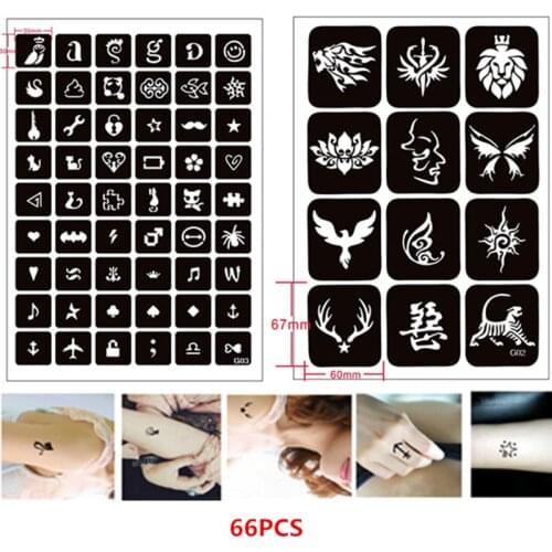 66pcs/set Airbrush Tattoo Stencil Cat Heart Tiger Lion Reusable Airbrush Stencil for Men Women Henna Stencils Schablonen