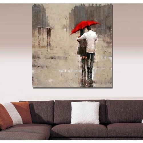 Handmade Abstract Red Umbrella Oil Painting handmade Lovers Walking In Rain Landscape Painting On Canvas Wall Art For Home Decor