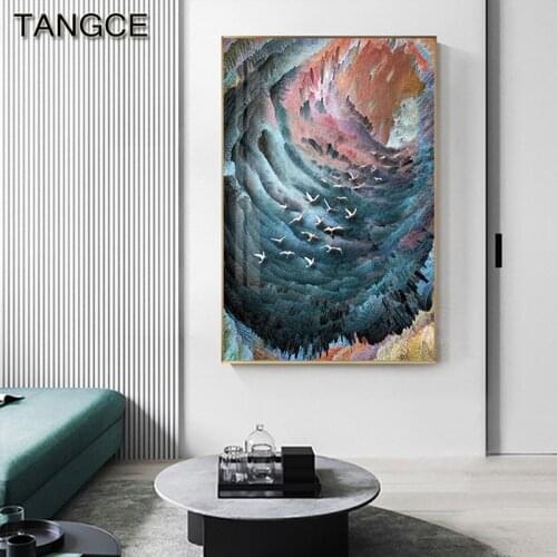 Abstract Creative Sky Bird Group Canvas Painting Purple Yellow Poster and Print for Living Room Entrance Tableaux Muraux Moderne