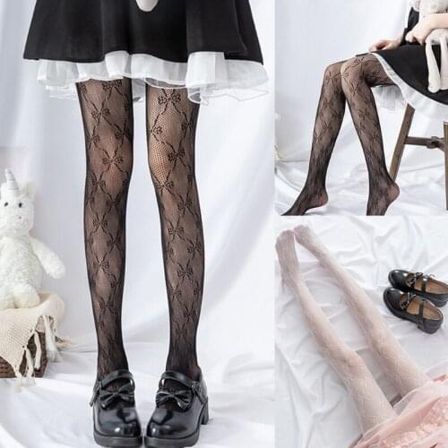 Women Hollow Out Lace Fishnet Pantyhose Sweet Bowknot Patterned Jacquard Stretch Tights Gothic Lolita Mesh Stockings