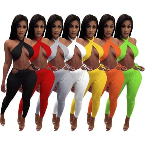 Women Solid Sexy Two Piece Set Cross Halter Backless Crop Top Lace Up Hollow Out Pencil Pants Tracksuit Night Club 2021 Casual