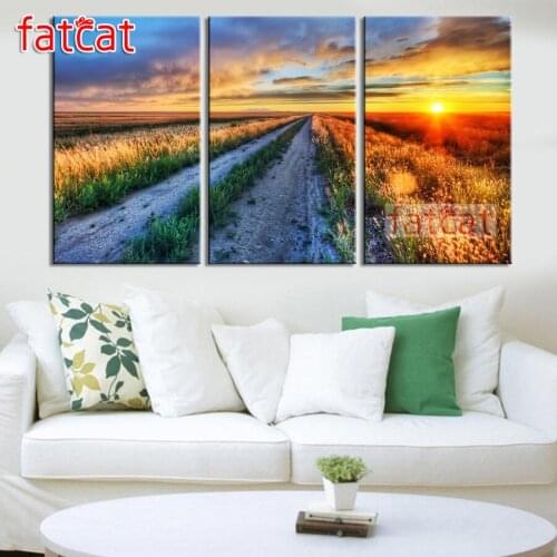 FATCAT Sunset autumn scenery Large triptych 5D Diy Diamond Painting full square round mosaic diamond Embroidery Sale AE2689