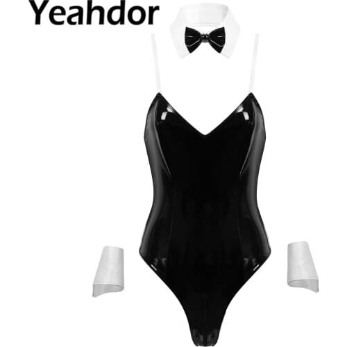 3Pcs Womens Girls Cosplay Costumes Outfit Role Play Lingerie Set Bodysuit V Neck Patent Leather Teddy with Collar Wrist Cuffs