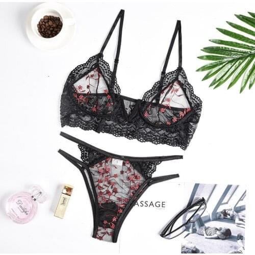 Women 2 Pieces French Sexy Embroider Lingerie Set Black Underwear Lace Flower Cotton Bralette Transparent Underwire Bra