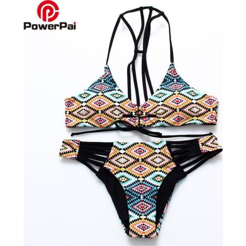 PowerPai String Bikinis Plaid Print Bikini Set Swimwear for Women Swimsuit Bandage Halter Back mayo Beach Swimming Bathing Suit