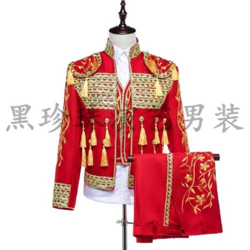 National Trend Stand Collar Embroidery Chinese Tunic Suit Men Suits Designs Costumes For Singers Men Formal Dress Red Fashion