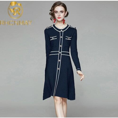 2020 New Fashion Autumn Runway Sweater Dress Designers Womens Long Sleeve Buttons Decoration Knitting Vestidos