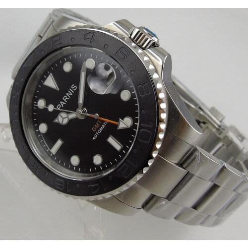 NEW Arrival 40mm Parnis factory black dial Date GMT Sapphire Glass Mechanical Automatic Mens Watch watch Stainless steel
