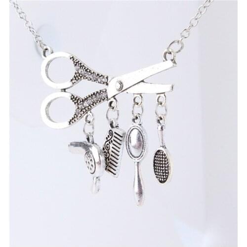 Barber Shop Necklace Hair Dresser Tools 3D Barber Pole Razor Dryer Scissors Comb Hairdresser Pendants Necklaces Men Women