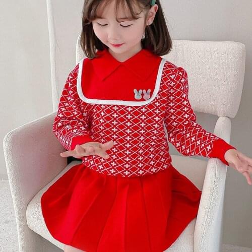 Girls' Sweater Diamond Knit Top + Half-length Pleated Skirt Suit Toddler Girl Fall Clothes Toddler Girl Winter Clothes Sweater