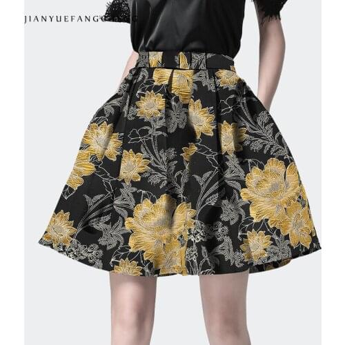 Vintage Yellow Jacquard Ball Gown Pleated Skirt Above-Knee Big Swing Short Umbrella Skirts 2021 Summer Plus Size Ladies Bottoms