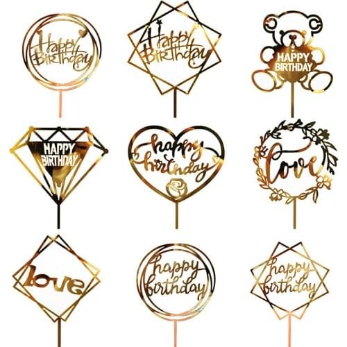 Mirror Gold Happy Birthday Acrylic Cake Topper Cute Wedding Cake Topper Flags For Kids Birthday Party Cake Decorating Supplies