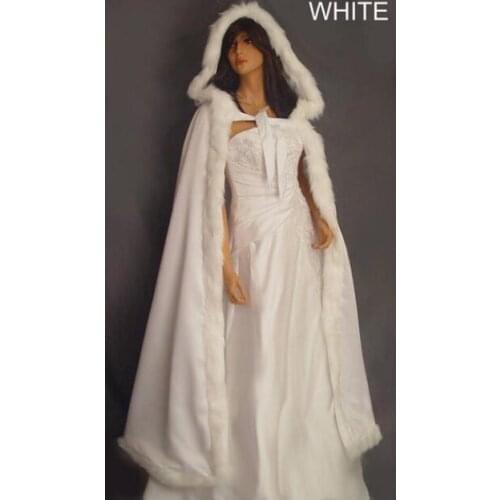 Faux Fur Satin Cloak Winter Bridal Coat White/Ivory Wedding Long ShawlWwrap Womens Hooded cape