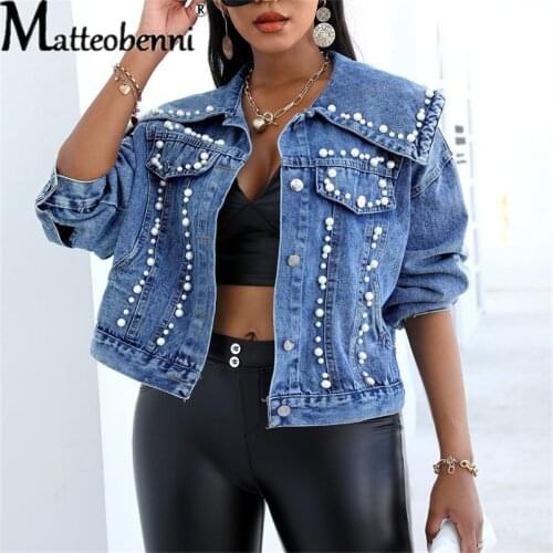 2021 Autumn New Denim Jacket Coat Women Beading Loose Overcoat Jean Jacket Basic Coats Streetwear Long Sleeve Casual Outerwear