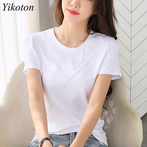 100% Cotton Ladies T-Shirt Women Short Sleeve T Shirts Office Work Wear 2021 Summer Solid Top Buttons Female Slim Tee Tops Blusa