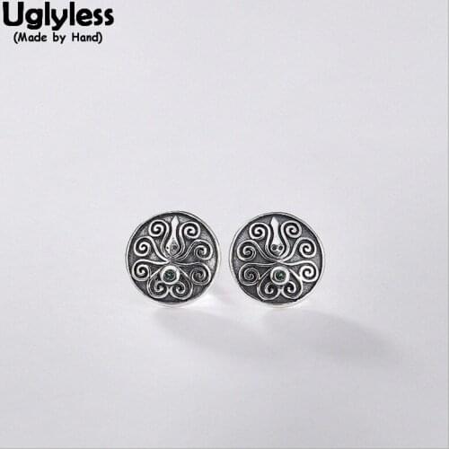 Uglyless 100% Solid 925 Sterling Silver Round Studs for Women Vintage Totem Patterns Thai Silver Stud Earrings Handmade Bijoux