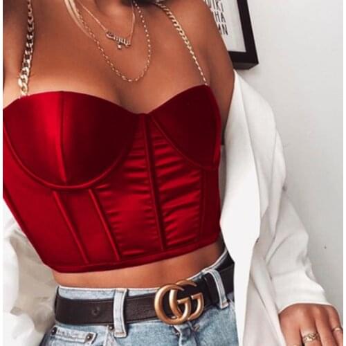 Women Solid Color Sleeveless Tank Top with Chain Strap Sexy Low-cut Padded Cropped Tops for Summer