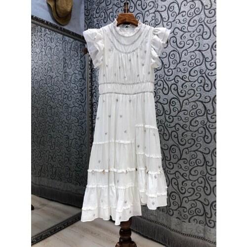 Top Quality New Summer Dress 2021 Fashion Style Women Hand Made Beading Ruffle Deco Mid-Calf Party White Dress Vestidos Robe