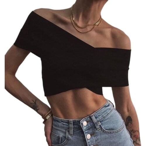 2021 Summer Cross T-shirt Women Crop Top Slim Sexy Cropped White Black Shoulder Off Tee Shirt Femme T-Shirts Tops Woman