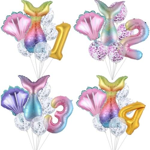 7pcs/lot Mermaid Party Balloons 32inch Number Foil Balloon Kids Birthday Party Decorations Baby Shower Helium Confetti Globos