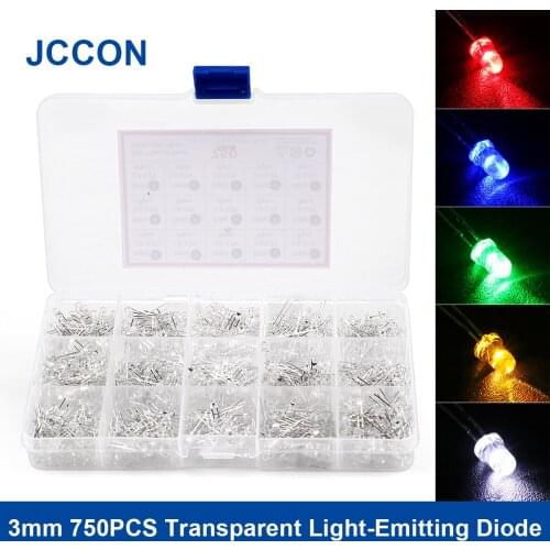750Pcs/Box 3mm LED Light Emitting Diode Assortment Kit F3 Blue Yellow Red Green White 150Pcs Each Color Bulb Lamp Set For DIY