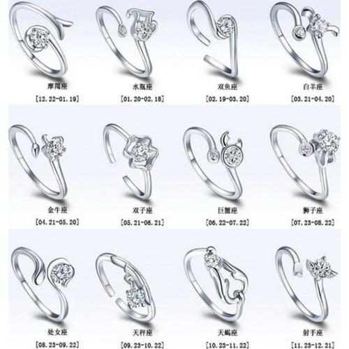 925 Sterling Silver Couple Rings Korean Twelve Constellation Ring Opening Zircon Retro Wedding Anniversary Gift for Men Women