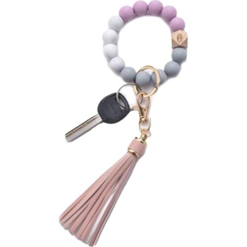 Bracelet Keychain Wooden Beads Wristlet with PU Tassels Decor Air Freshener Silicone Beaded Art Bangle Chains for Keys TT@88