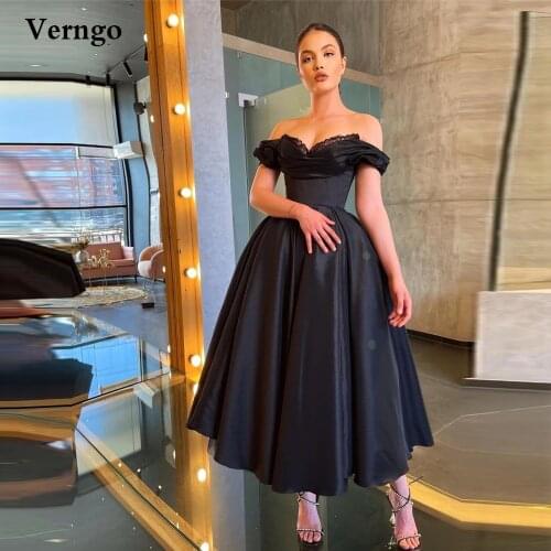 Verngo Off the Shoulder Black Evening Dress A Line Satin Lace Sweetheart Neck Tea Length Prom Gowns Graduation Party Dresses