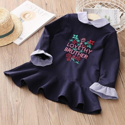 2020 New Spring Autumn 3 4 6 8 9 10 11 12 Years Long Full Flare Sleeve Peter Pan Collar Letter Pattern Kids Girls Autumn Dresses