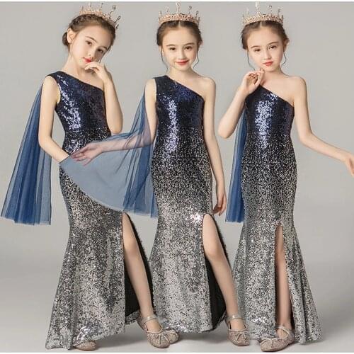 Girl Black Sequined Mermaid Dress Kids Elegant Gowns Children Sleeveless Princess Frocks Girls Wedding Birthday Party Dresses
