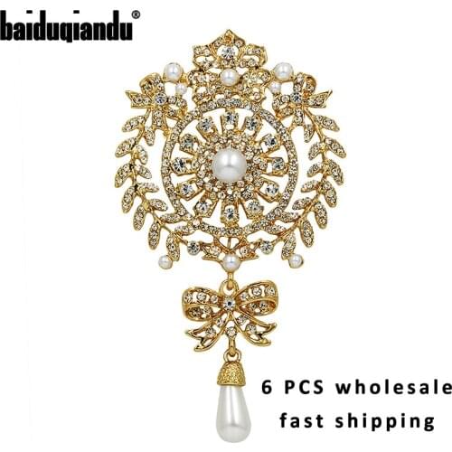 Lot of 6 Pcs baiduqiandu Rhinestones and Imitation Pearl Drop Wedding Brooch Pins in Gold / Silver Color Plated Clear