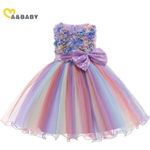 Ma&Baby 0-9Y Summer Toddler Kid Girls Dress Flower Sequins Bow Tutu Party Birthday Dresses For Girls Rainbow Dress DD43
