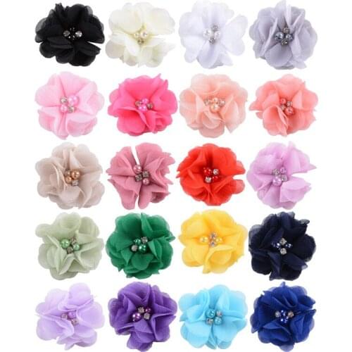 Cute 2.2" 20pcs/lot Chiffon Fabric Flowers with Pearl Rhinestone for Girl Headband Hair Clips Diy Headwear Hair Accessories