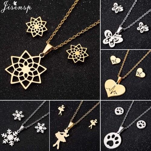 Jisensp Gold Stainless Steel Jewelry Sets for Women Cute Animal Butterfly Earrings Necklace Best Gift for Friend Girls kolye