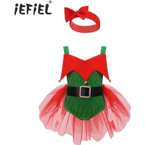 New Christmas Elf Romper Newborn Kids Baby Girls Lace Tutu Dress Romper Shiny Sequin Chiffon Santa Jumpsuit Outfit with Headband