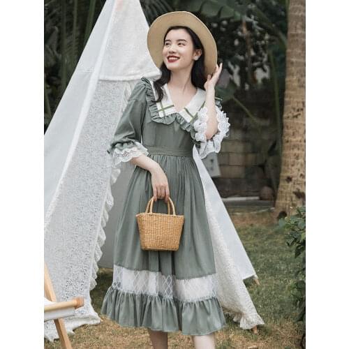Summer New Womens Japanese Pastoral Girl Style Lotus Leaf Doll Collar Mesh Stitching Was Thin Long Dress Retro Lolita Dress