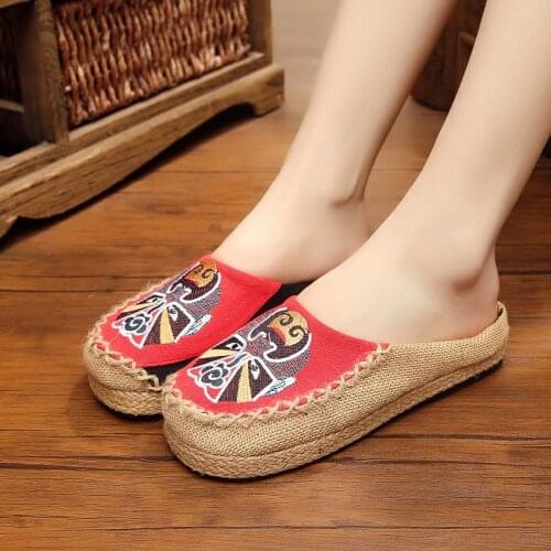Colorful Rainbow Women Casual Linen Knitted Handmade Mules Slippers Retro Vegan Summer Ladies Canvas Comfortable Shoes