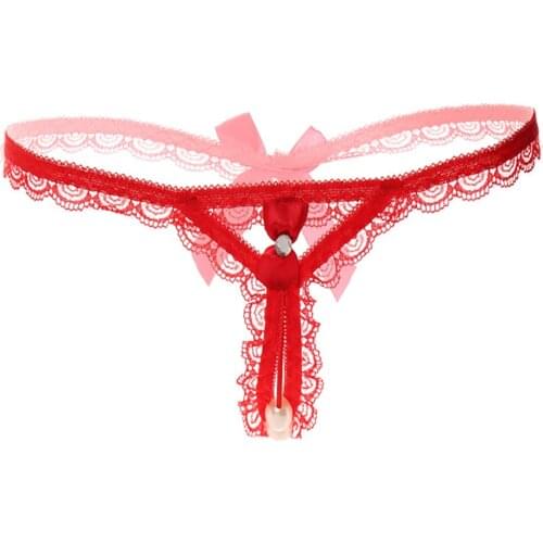 Sexy Lingerie Women Lace Panties Thongs Pearl Pendant Lace Embroidery G-String T-Back Briefs Underwear Adjustable Ladies Panties