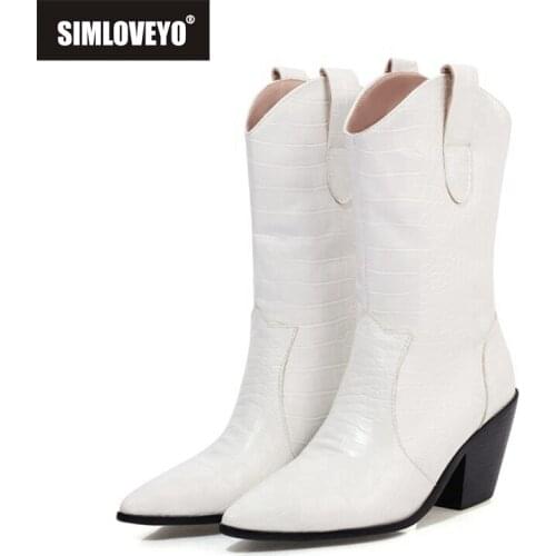 SIMLOVEYO Winter Warm Mid-Calf Boots Pointed Toe 7cm Chunky Heels PU Slip-on Solid Big Size 34-48 Yellow Red Black Daily C2061