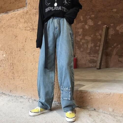 Baggy Loose Straight Patchwork Pocket Vintage Streetwear Hiphop Harem Punk High Waist Jeans Korean Women/Men Denim Full Pant Big