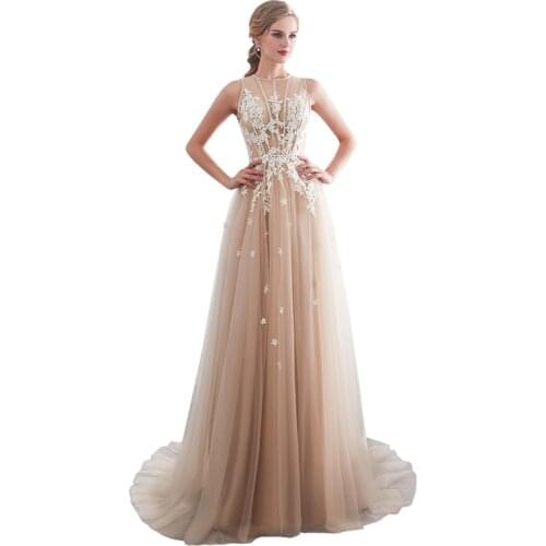 In Stock Champagne Tulle O-Neck Appliques Prom Gown Long Evening Dresses Court Train Tank Vestido de noche Robe de soiree 26661