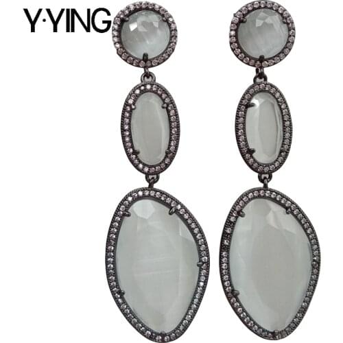 White Cats Eye Cz pave Gunmetal color plated Dangle Earring oval Long Drop Earrings for Women
