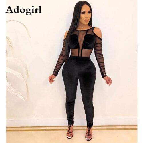 Sexy Sheer Mesh Velvet Patchwork Jumpsuit Women Cold Shoulder Pencil Pants Women Jumpsuit See Through Overalls Plus Size XXL