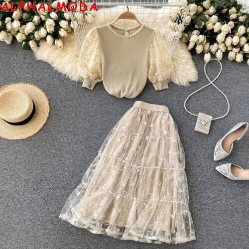 ALPHALMODA 2021 Summer Women Beaded Short-sleeved Sweater + Gauze Skirt Women 2pcs Elegant Suit