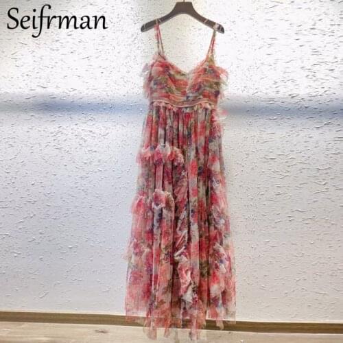 Seifrmann New 2021 Summer Women Fashion Runway Holiday Boho Midi Dress Sexy Spaghetti Strap High Waist Floral Print Mesh Dresses