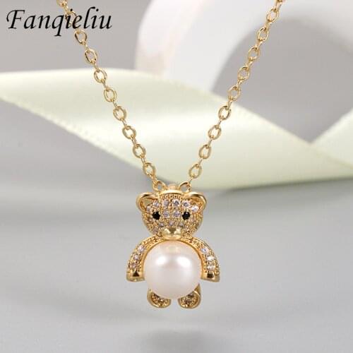 Fanqieliu Gold Color Lovely Bear Natural Pearl Jewelry Crystal Real 925 Sterling Silver Pendant Necklace For Women FQL21194