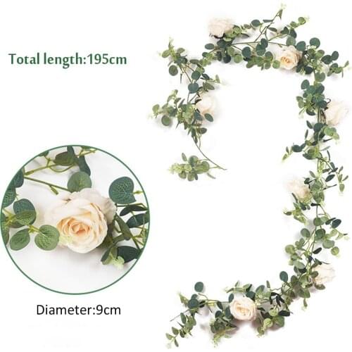 1.95m Artificial Flower Silk Eucalyptus Flowers Rose Ivy Vine Wedding Decor Real Touch Garland String For Home Hanging Decor