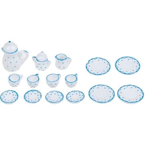 15Pcs 1/12 Ceramic Blue Flower Patten Porcelain Coffee Tea Cups Tableware Dollhouse Kitchen Accessories Dollhous Miniature