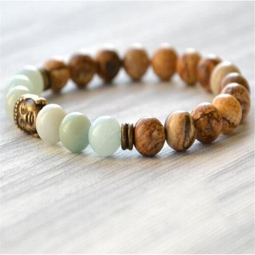 8mm Picture Stone Jasper Gemstone Handmade Mala Bracelet Religious Cheaply Wristband Spiritua Prayer Chakra Meditation Tibetan