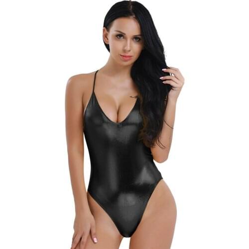 Hodisytian Women Sexy Lingerie Bodysuits Spaghetti Strap Leather Jumpsuits Bodycon Backless Costume Playsuits Clubwear Sexy